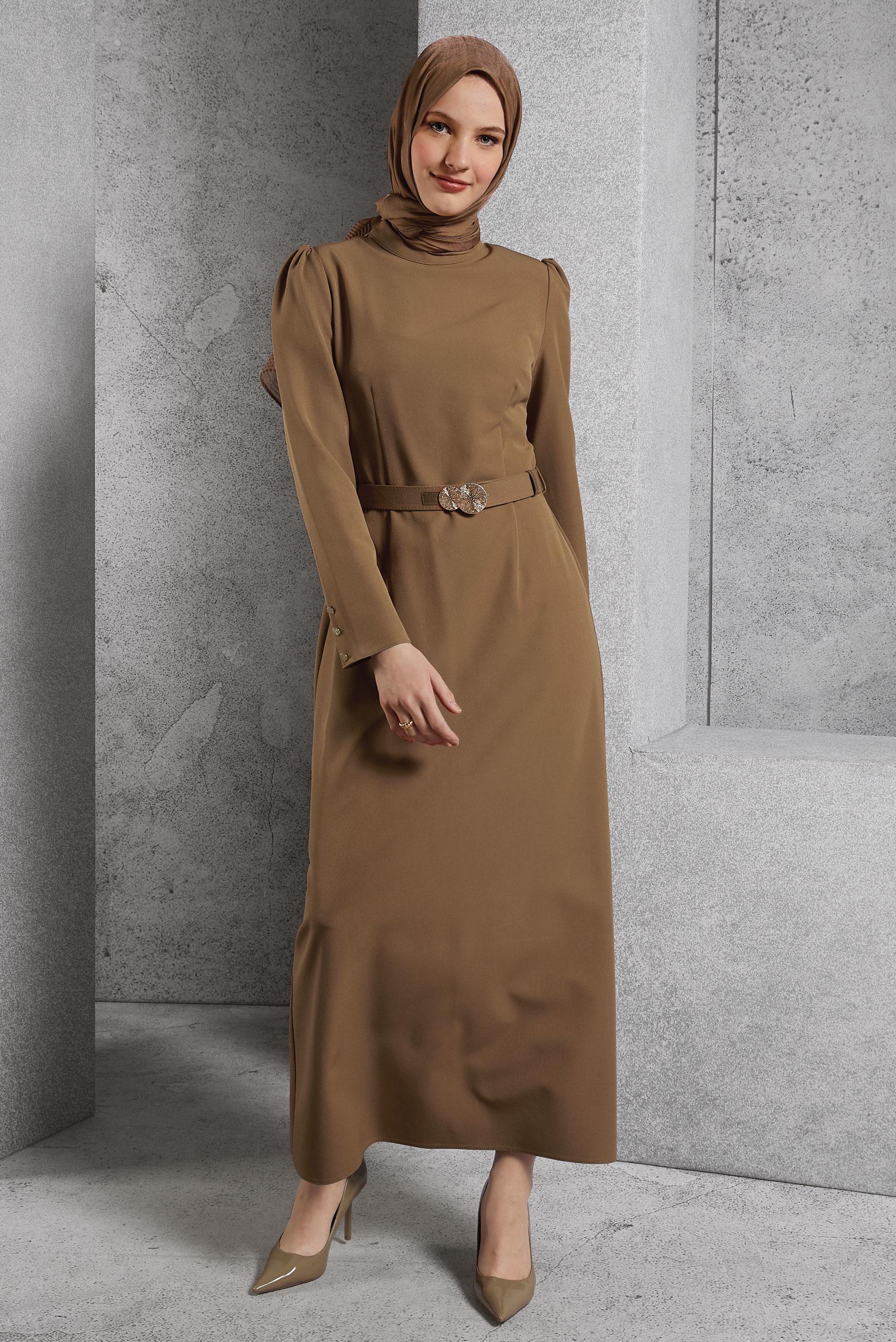 Tesettür giyim TABA KEMERLİ TESETTÜR ELBİSE 45121