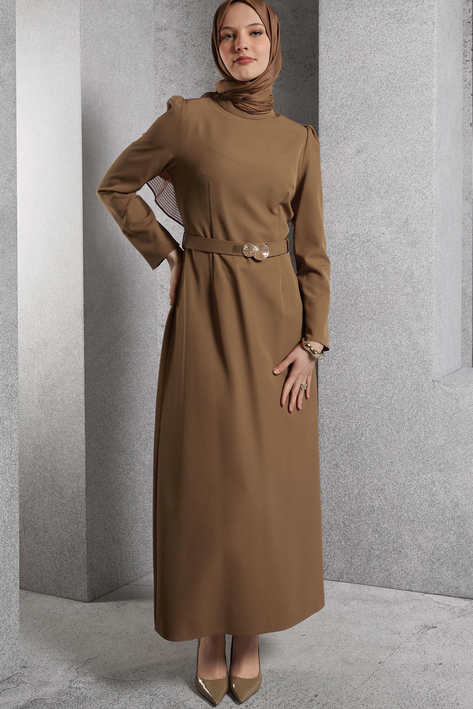 Tesettür giyim TABA KEMERLİ TESETTÜR ELBİSE 45121