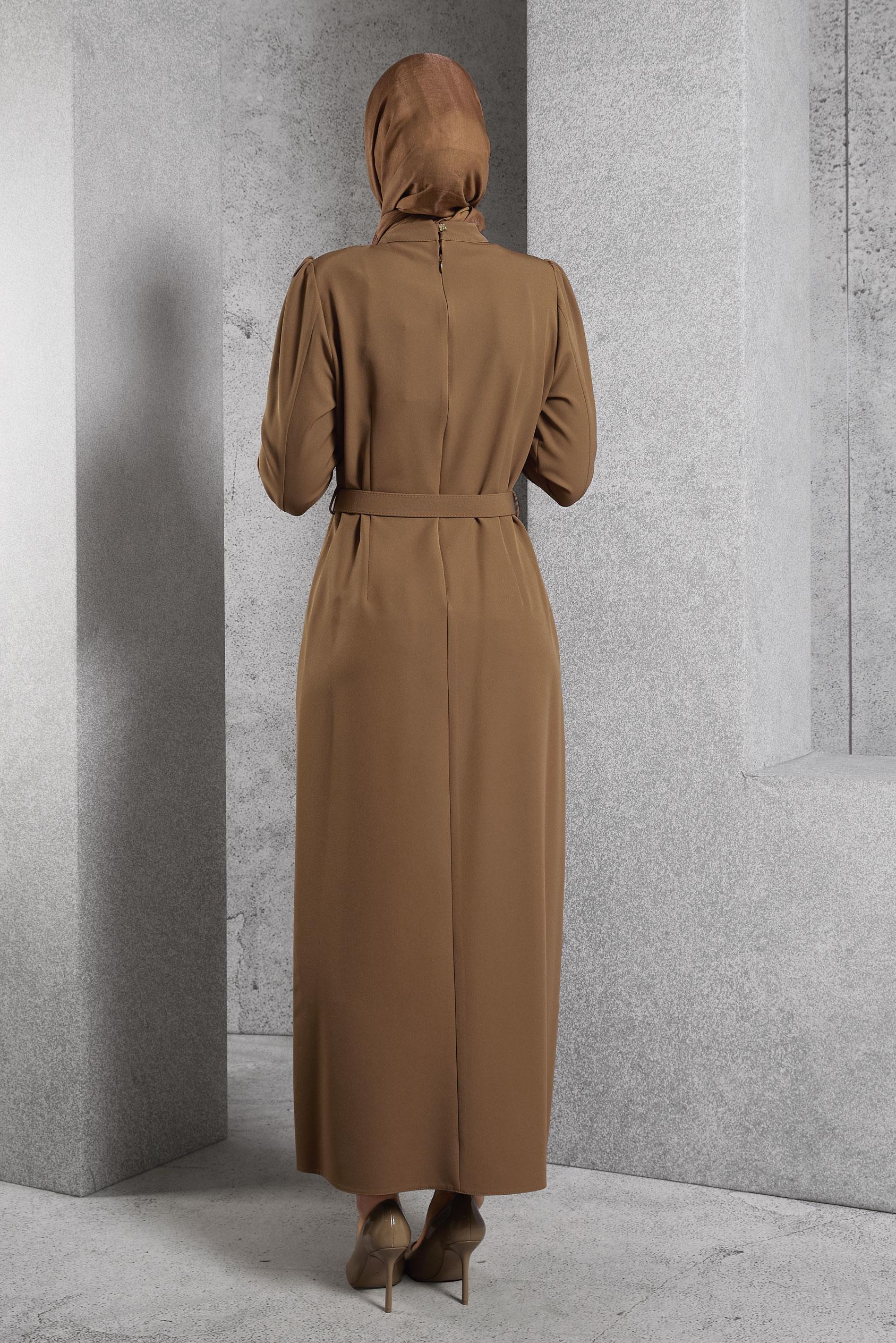 Tesettür giyim TABA KEMERLİ TESETTÜR ELBİSE 45121