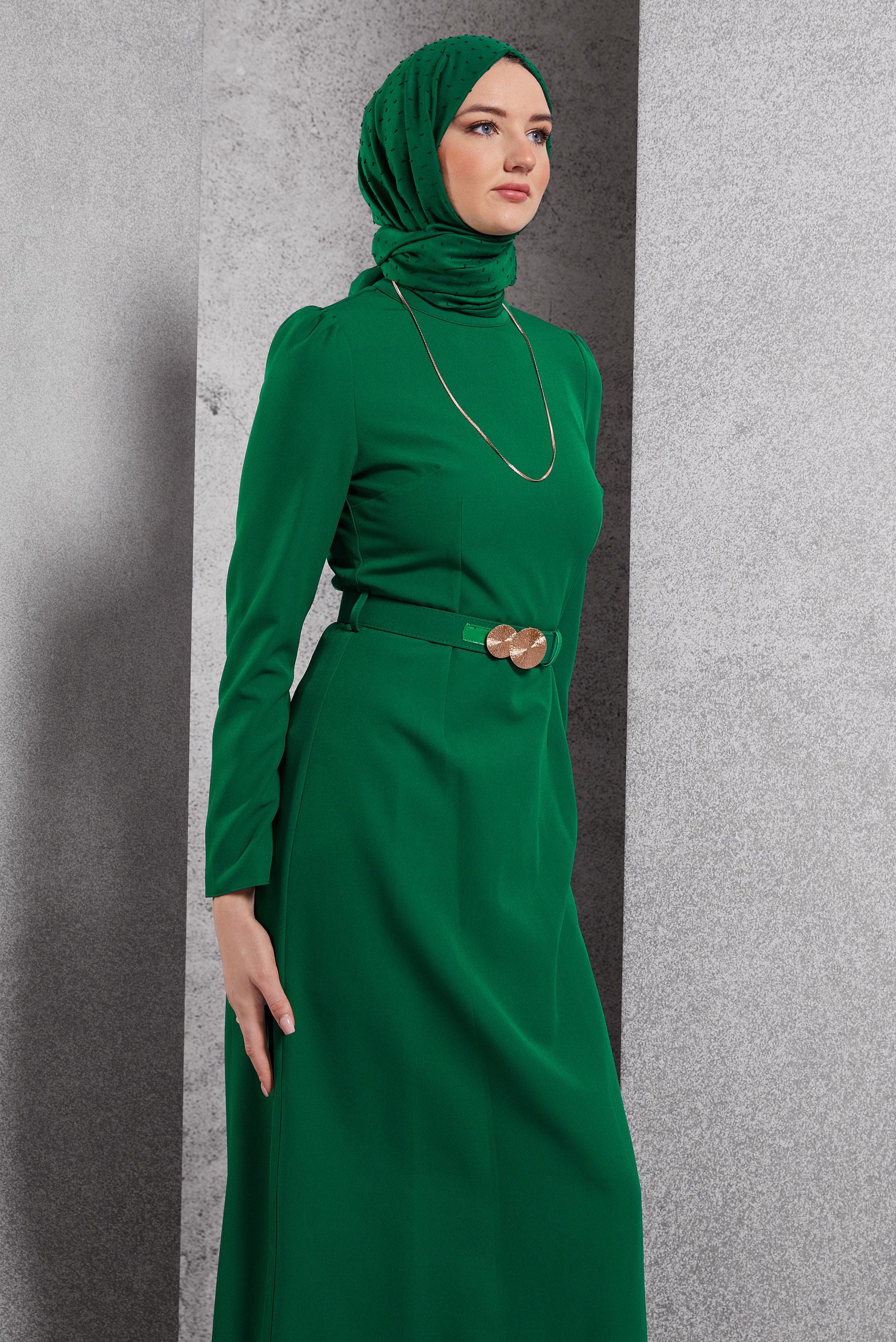 Tesettür giyim YEŞİL KEMERLİ TESETTÜR ELBİSE 45121