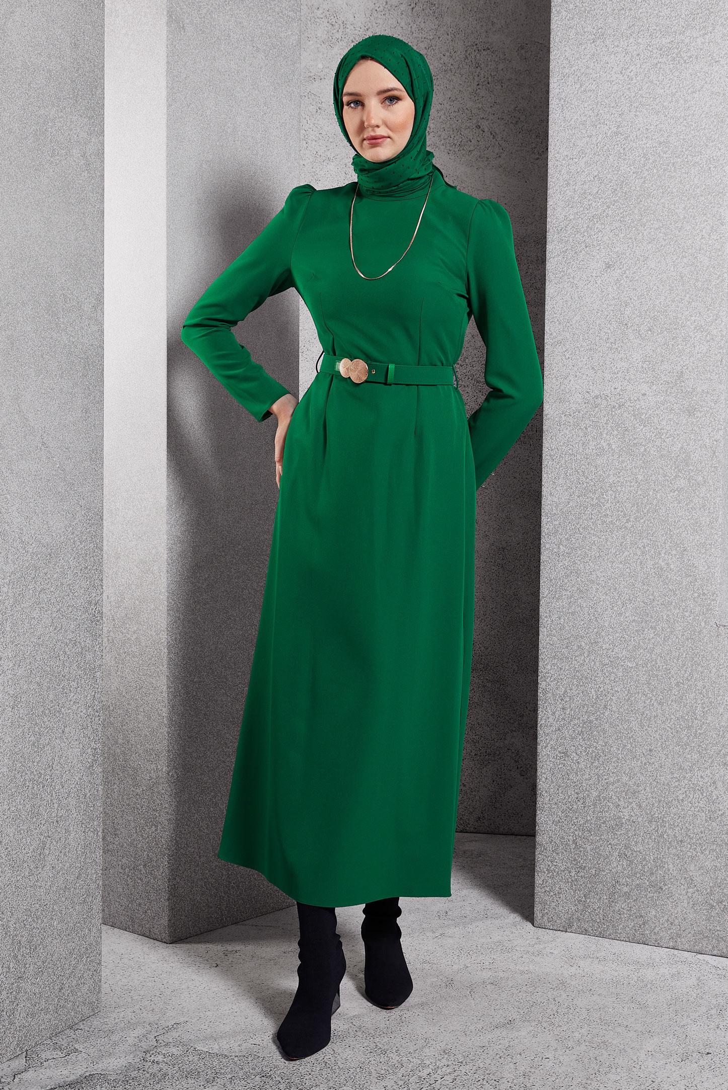Tesettür giyim YEŞİL KEMERLİ TESETTÜR ELBİSE 45121