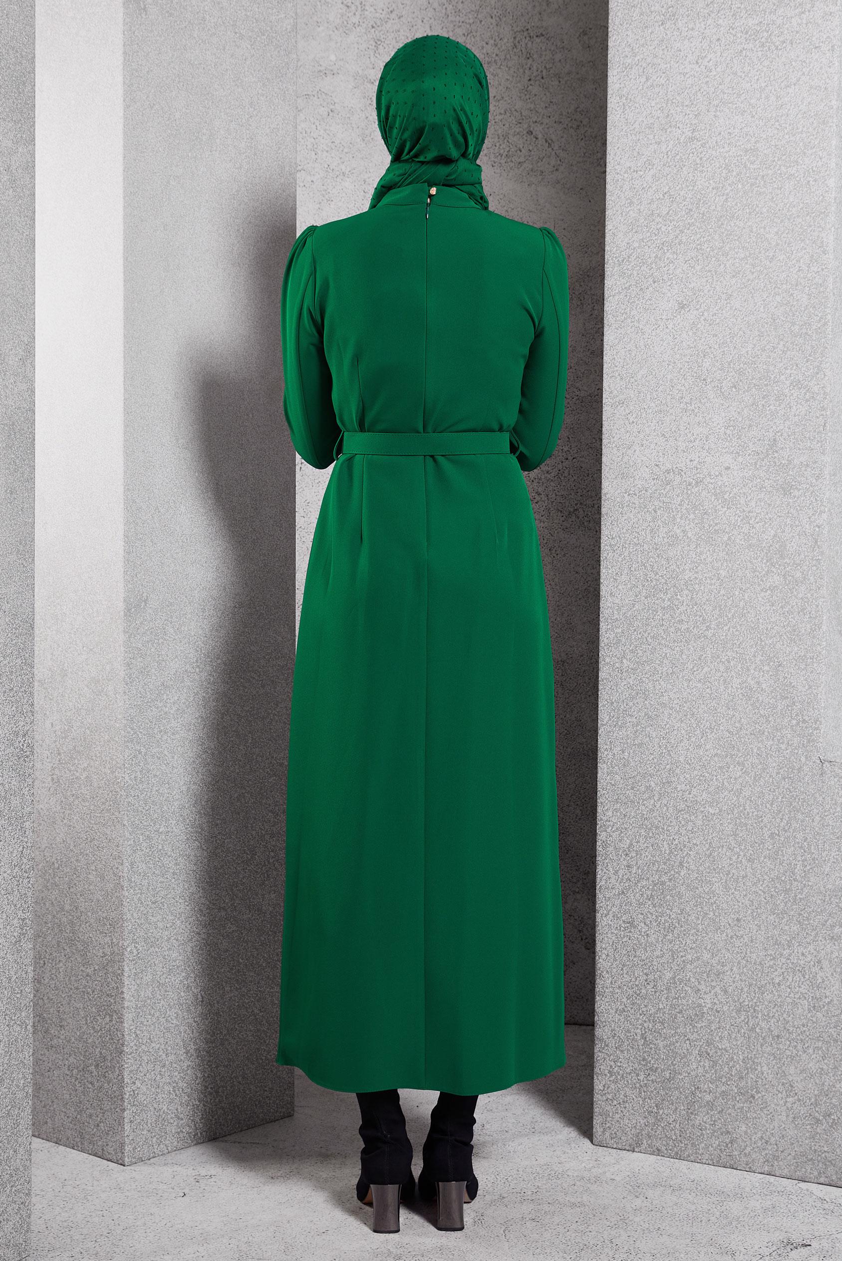 Tesettür giyim YEŞİL KEMERLİ TESETTÜR ELBİSE 45121
