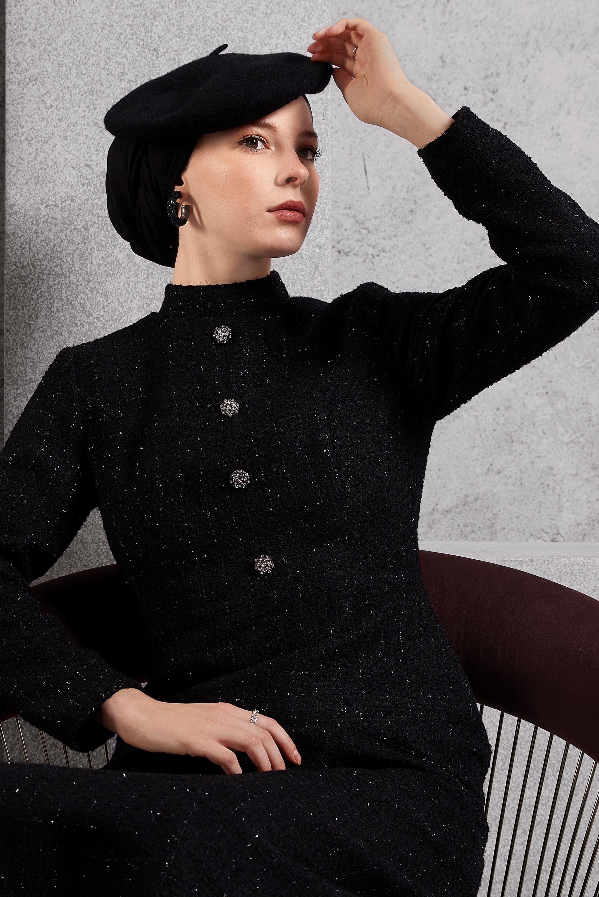 Tesettür giyim SİYAH DÜĞME DETAYLI TÜVİT ELBİSE 45122