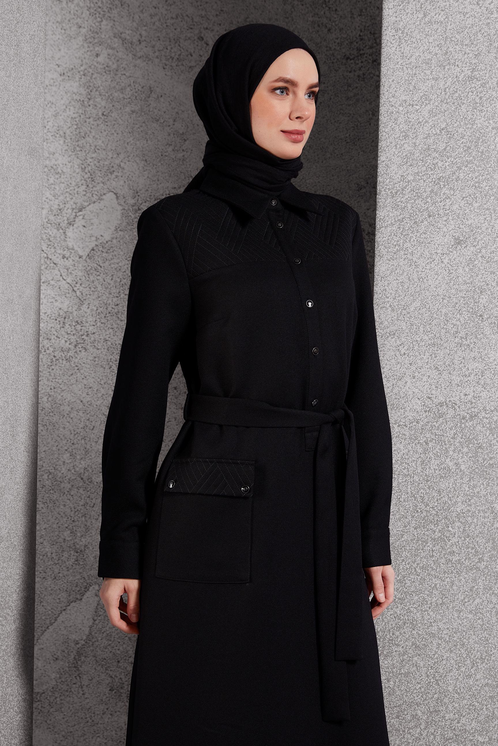 Tesettür giyim SİYAH KUŞAKLI ELBİSE 45123