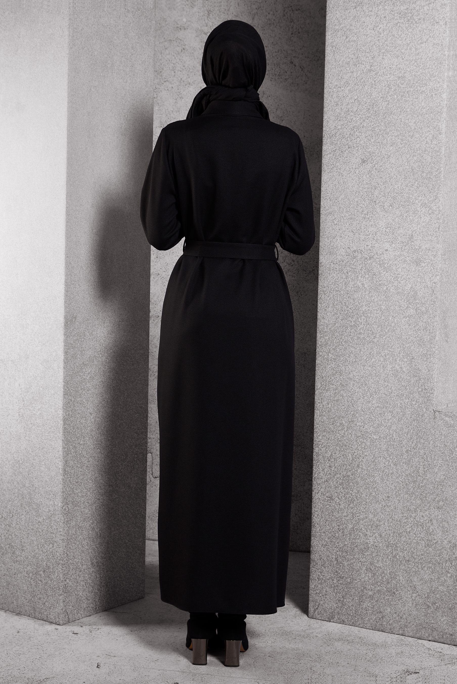 Tesettür giyim SİYAH KUŞAKLI ELBİSE 45123