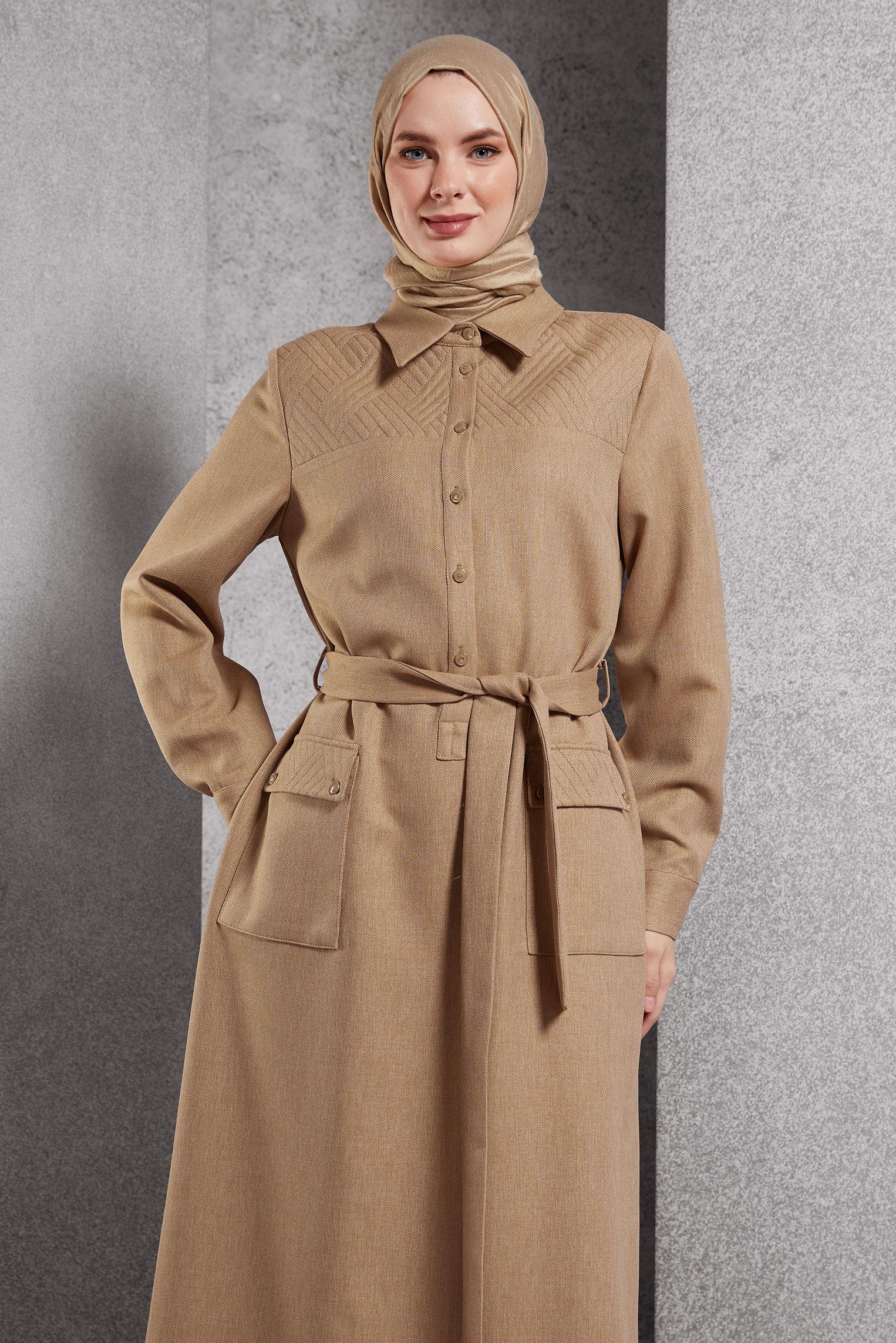 Tesettür giyim KAHVE KUŞAKLI ELBİSE 45123