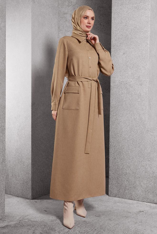 Hijab clothing BROWN BELTED DRESS 45123 - ALVİNA
