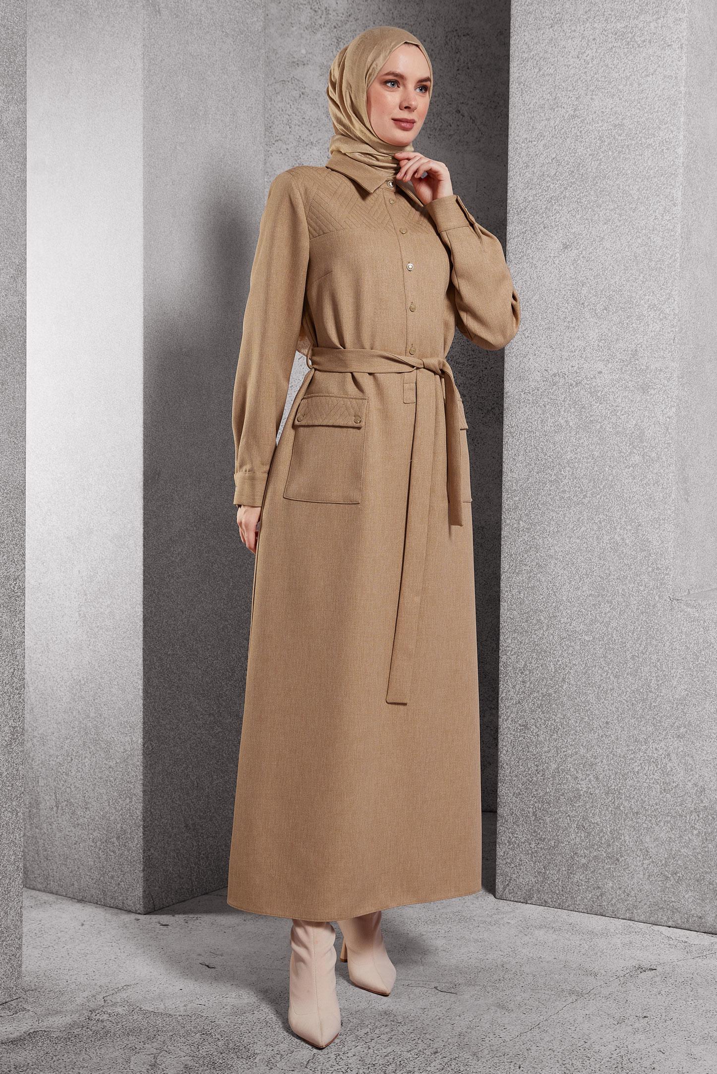 Tesettür giyim KAHVE KUŞAKLI ELBİSE 45123