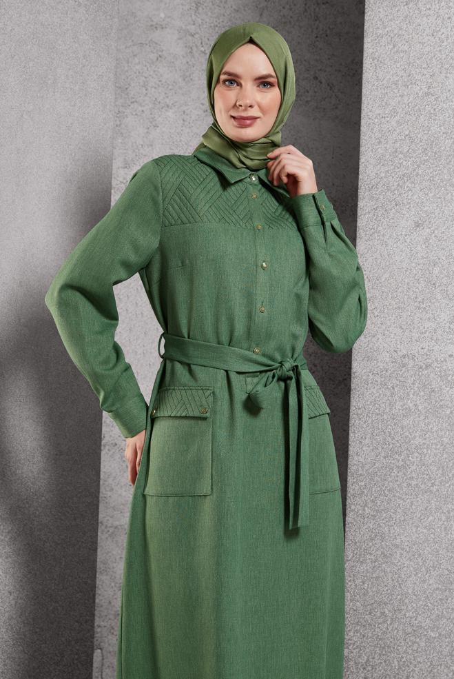 Hijab clothing KHAKI BELTED DRESS 45123 - ALVİNA