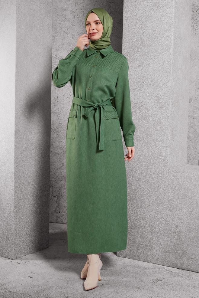 Hijab clothing KHAKI BELTED DRESS 45123 - ALVİNA