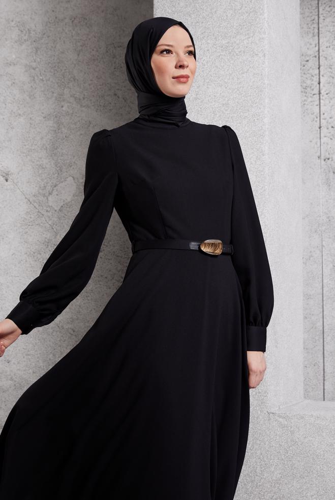 Vêtements hijab NOIR ROBE CEINTURÉE 45137 - ALVİNA