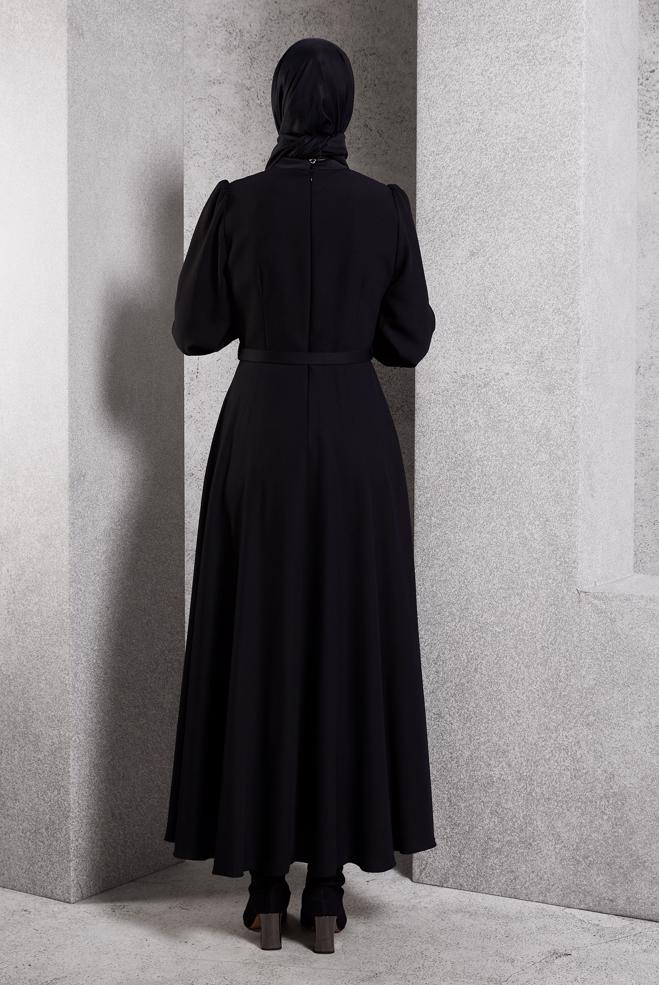 Vêtements hijab NOIR ROBE CEINTURÉE 45137 - ALVİNA