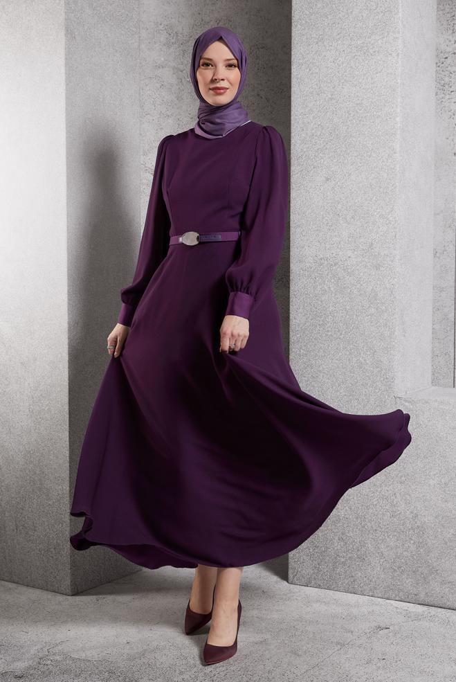 Vêtements hijab POURPRE ROBE CEINTURÉE 45137 - ALVİNA