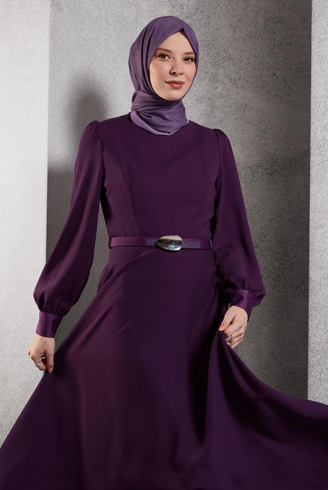 Vêtements hijab POURPRE ROBE CEINTURÉE 45137 - ALVİNA