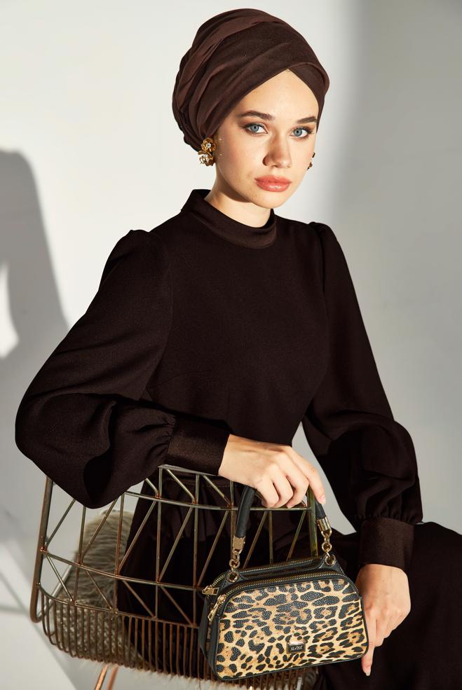 Vêtements hijab BRUN ROBE CEINTURÉE 45137 - ALVİNA