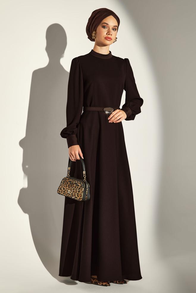 Vêtements hijab BRUN ROBE CEINTURÉE 45137 - ALVİNA