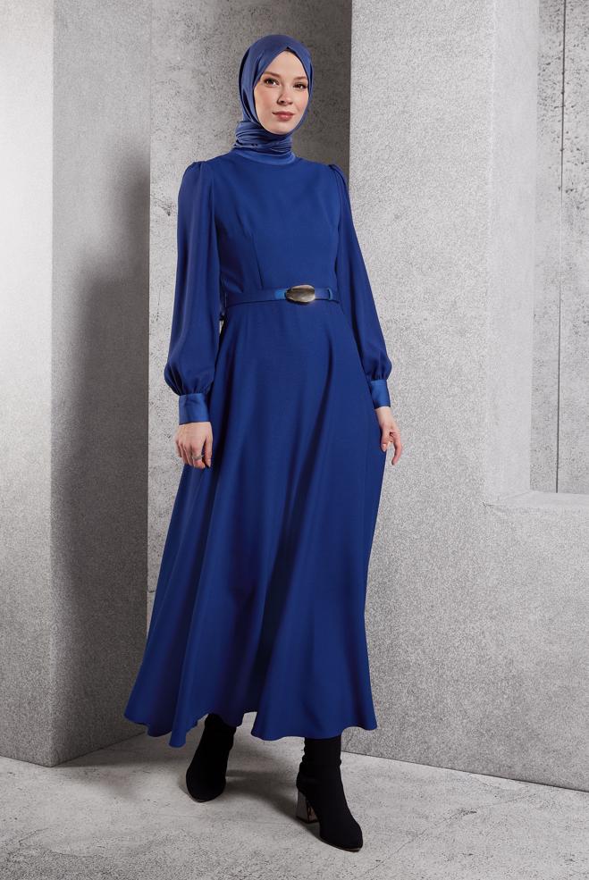 Vêtements hijab BLEU MARINE ROBE CEINTURÉE 45137 - ALVİNA