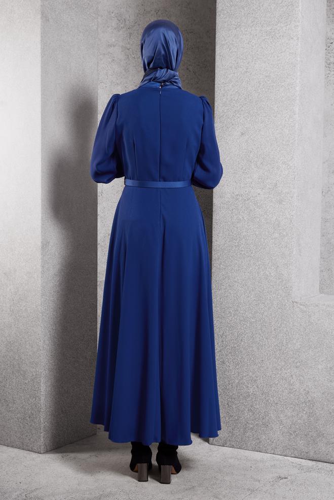 Vêtements hijab BLEU MARINE ROBE CEINTURÉE 45137 - ALVİNA
