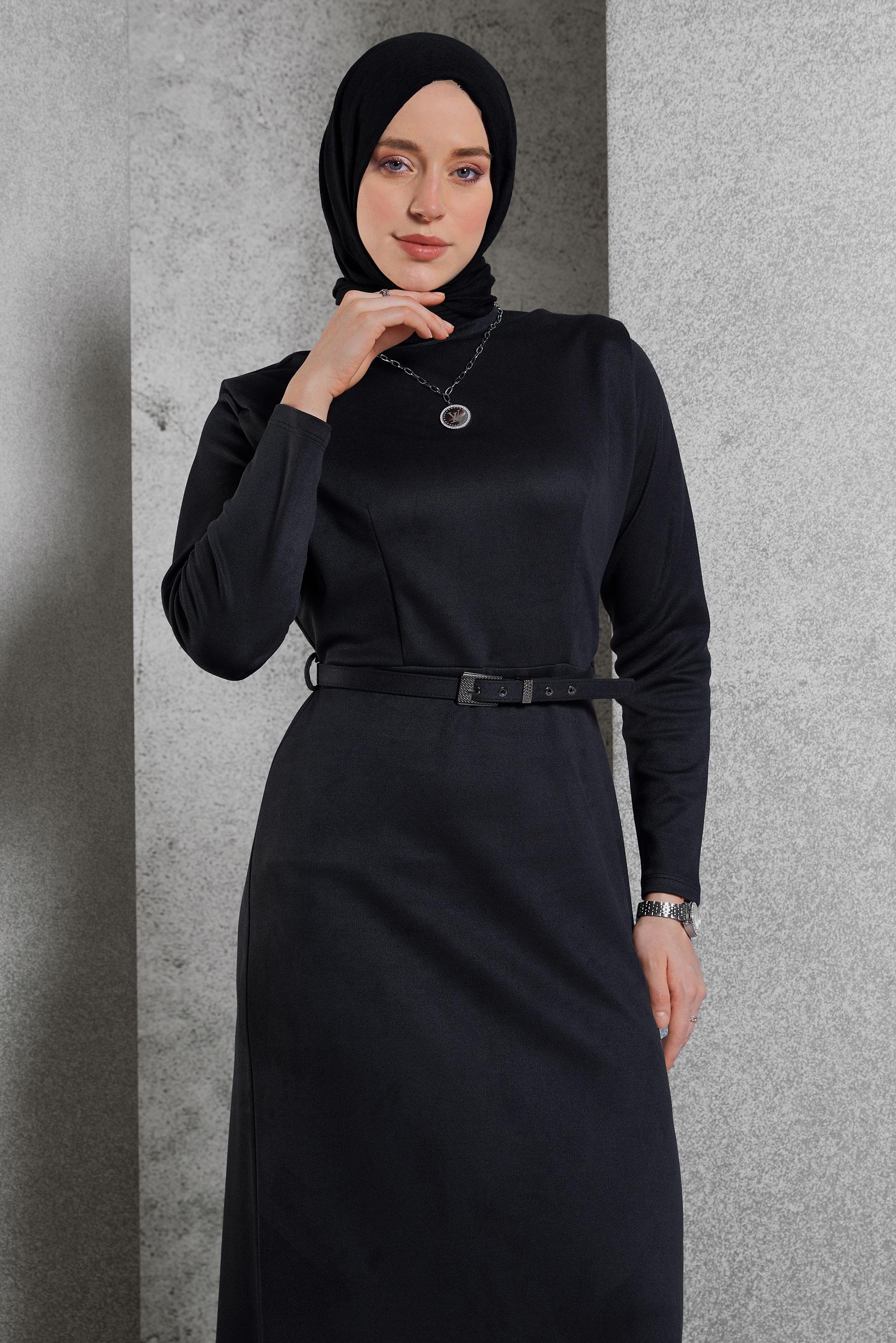 Tesettür giyim SİYAH KEMERLİ ELBİSE 45146