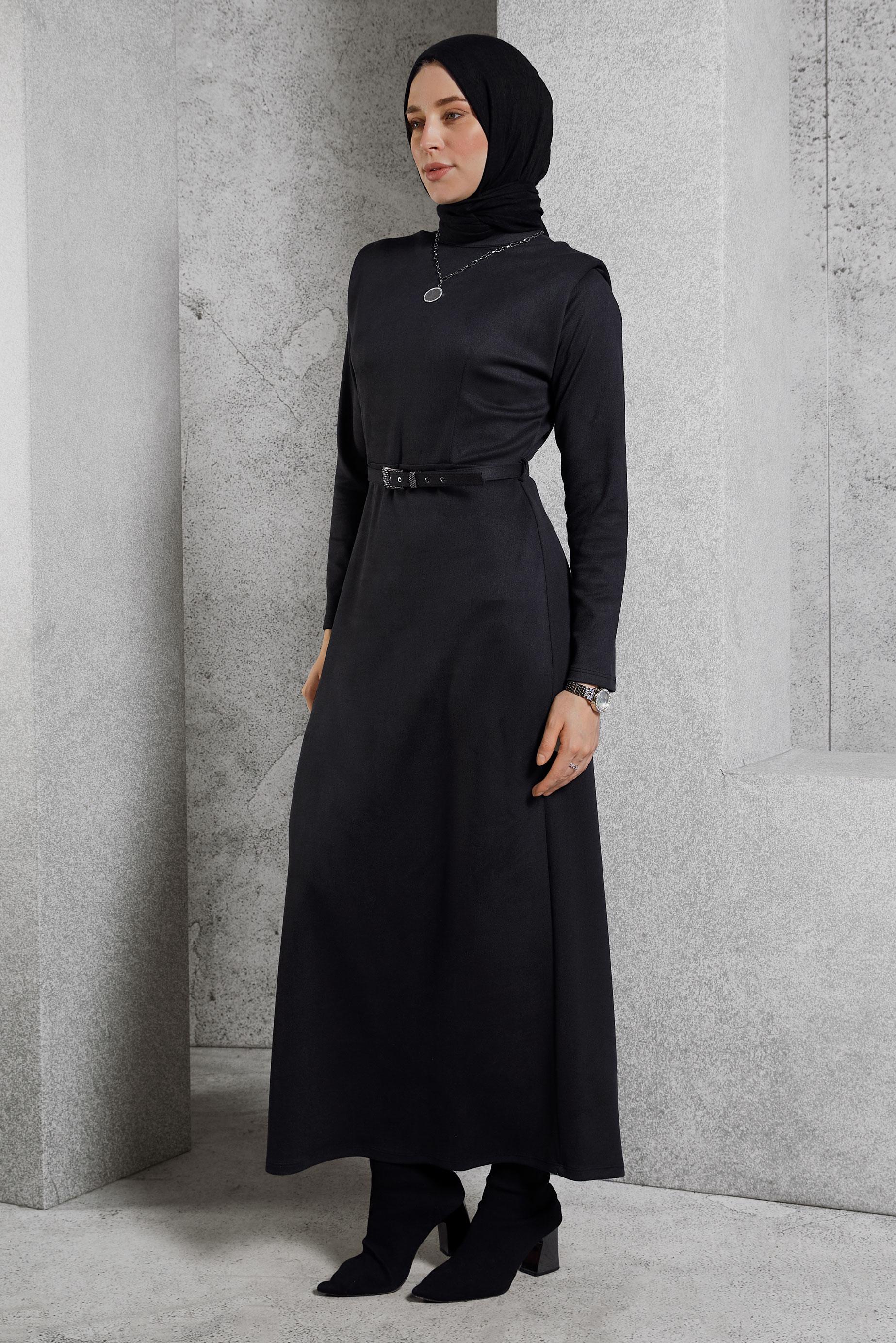 Tesettür giyim SİYAH KEMERLİ ELBİSE 45146