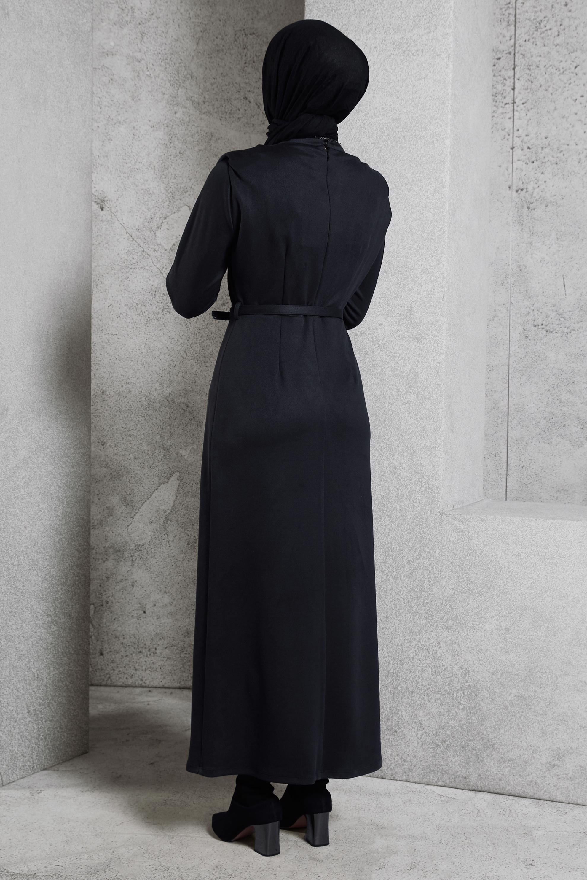 Tesettür giyim SİYAH KEMERLİ ELBİSE 45146