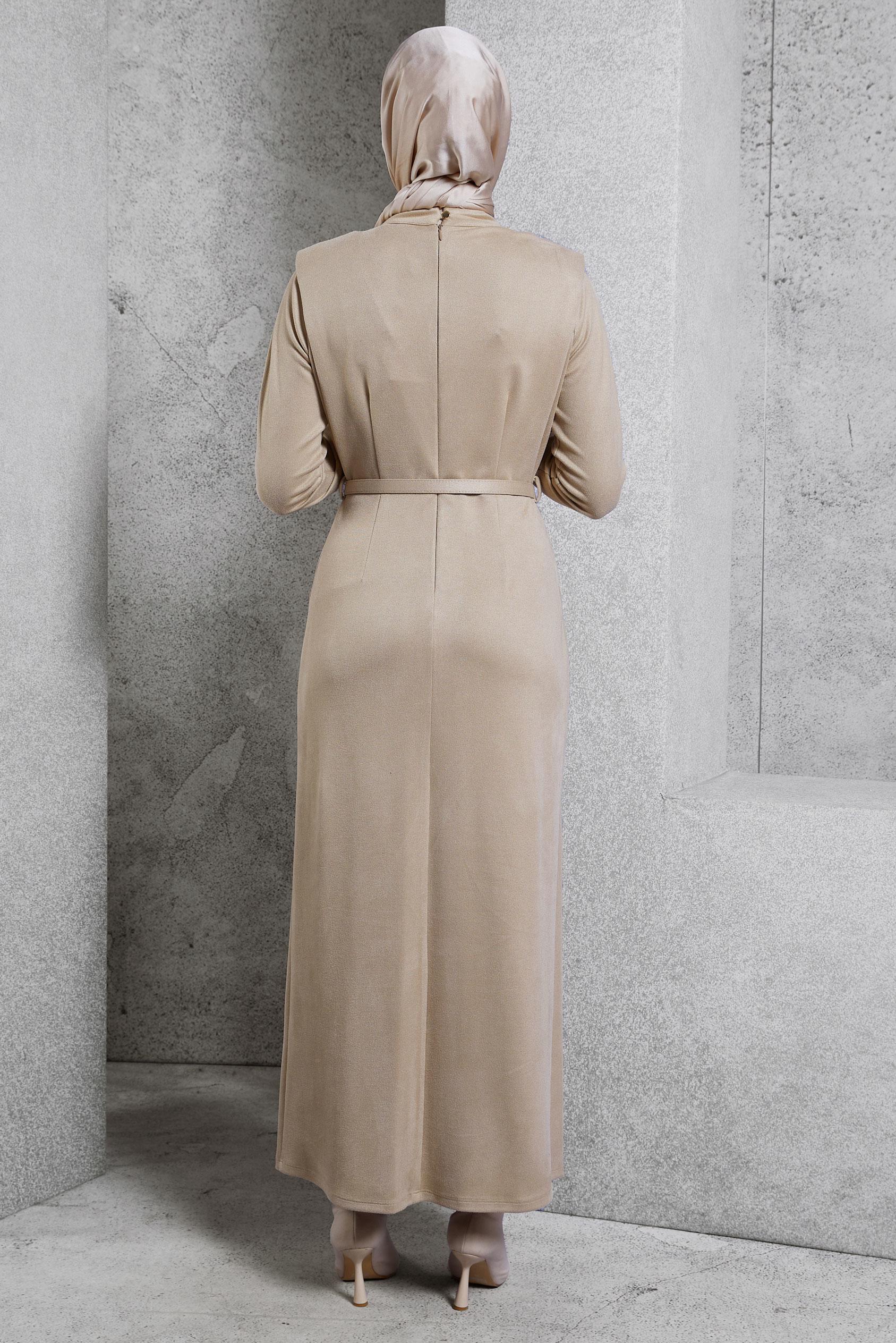 Tesettür giyim BEJ KEMERLİ ELBİSE 45146