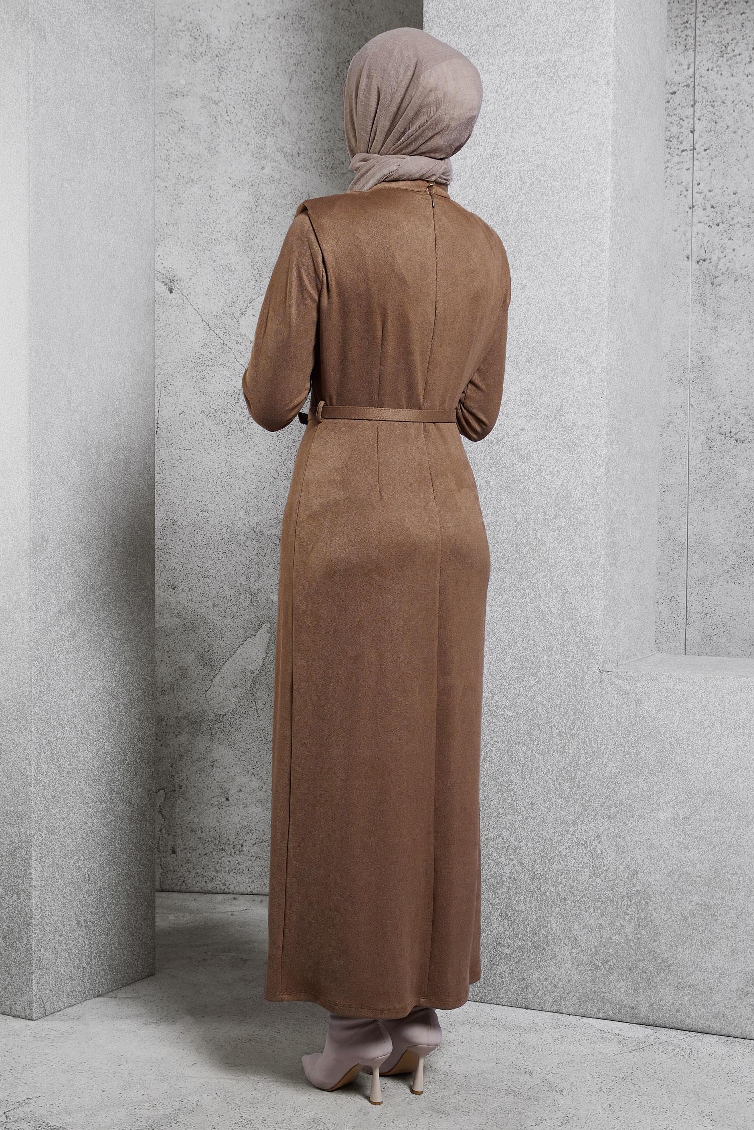 Tesettür giyim VİZON KEMERLİ ELBİSE 45146