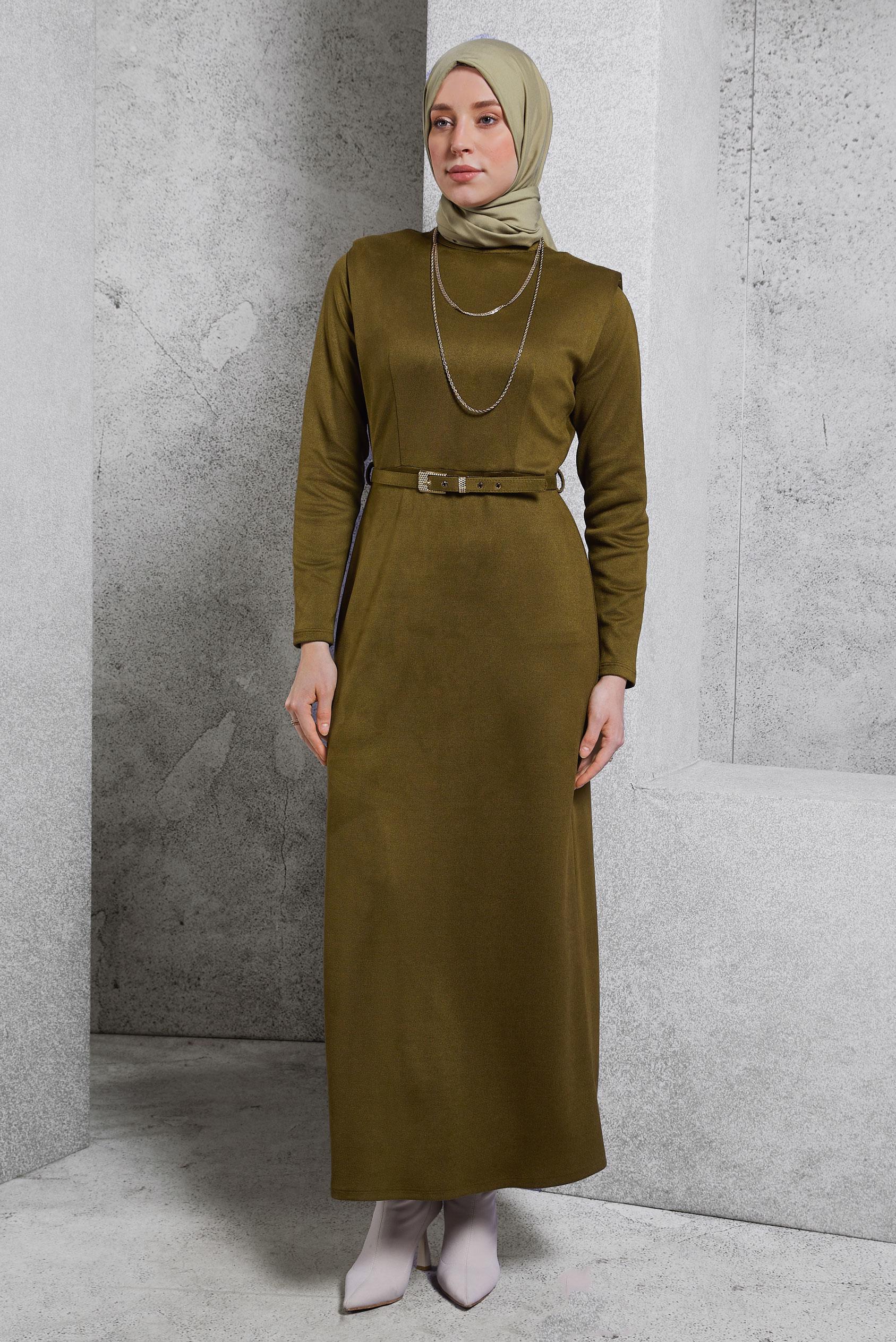 Tesettür giyim YEŞİL KEMERLİ ELBİSE 45146