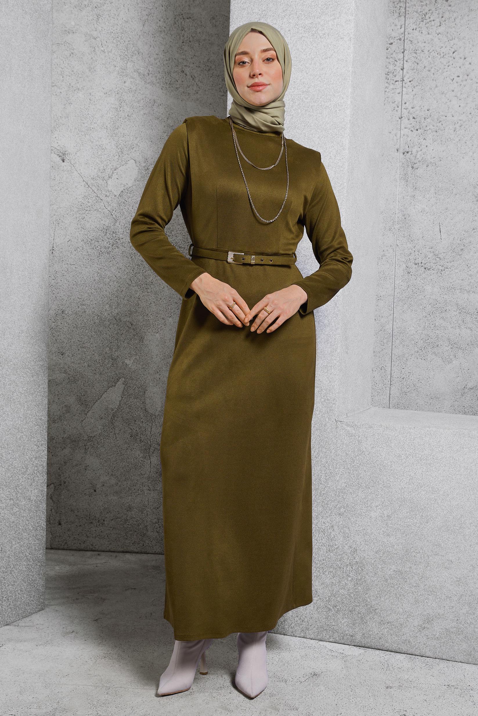 Tesettür giyim YEŞİL KEMERLİ ELBİSE 45146