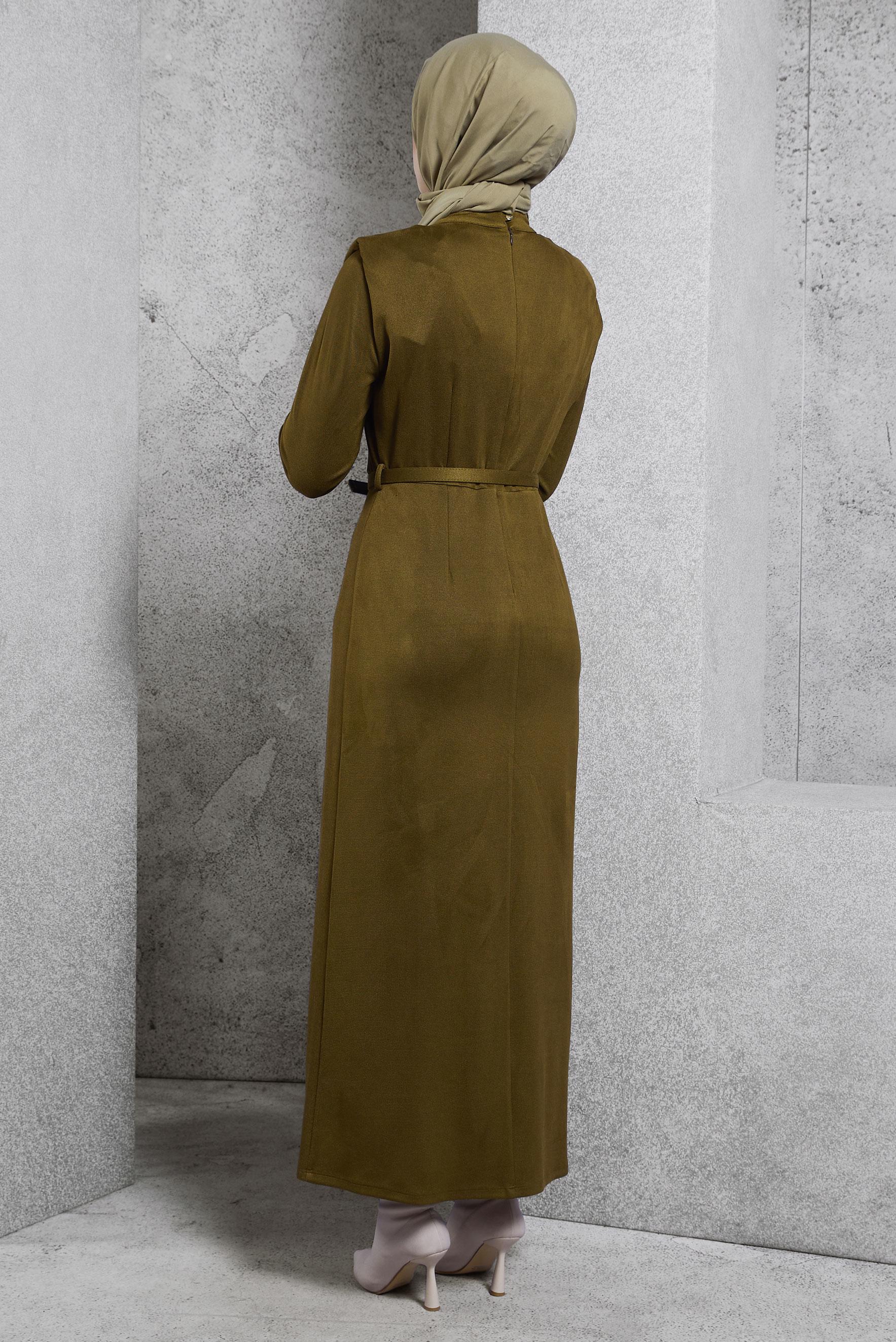 Tesettür giyim YEŞİL KEMERLİ ELBİSE 45146