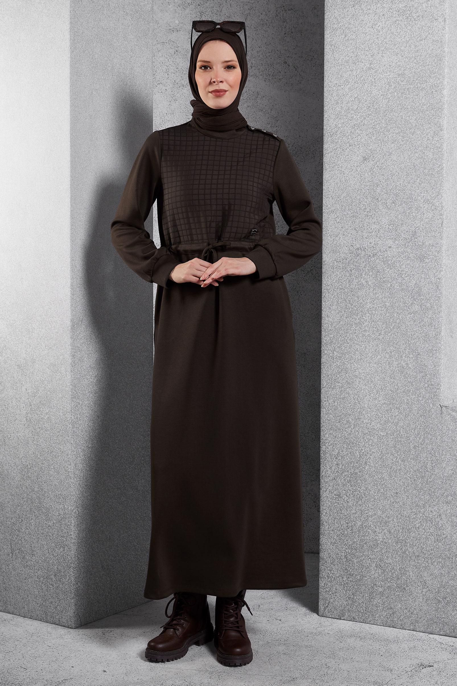 Tesettür giyim KAHVE BELİ BAĞCIKLI ELBİSE 45164