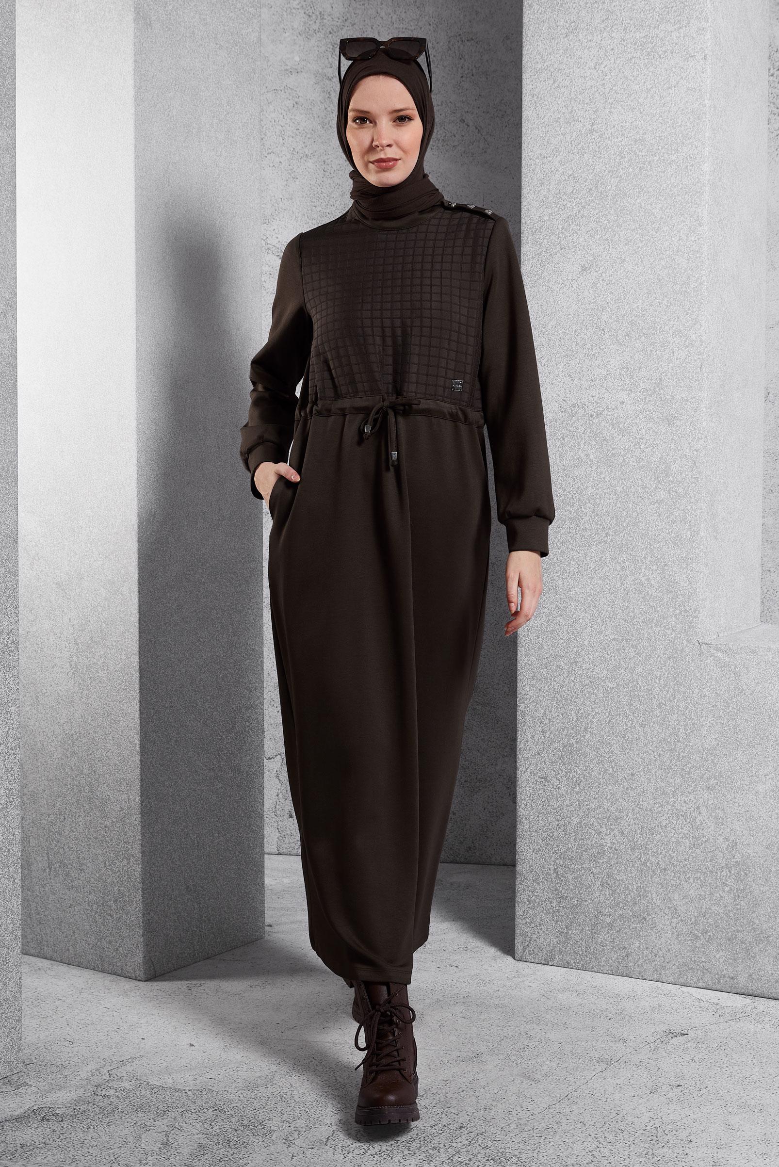 Tesettür giyim KAHVE BELİ BAĞCIKLI ELBİSE 45164