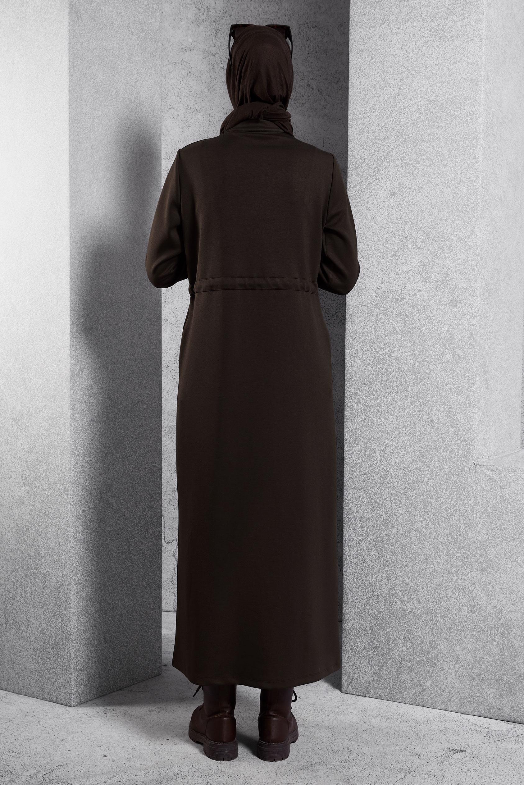 Tesettür giyim KAHVE BELİ BAĞCIKLI ELBİSE 45164