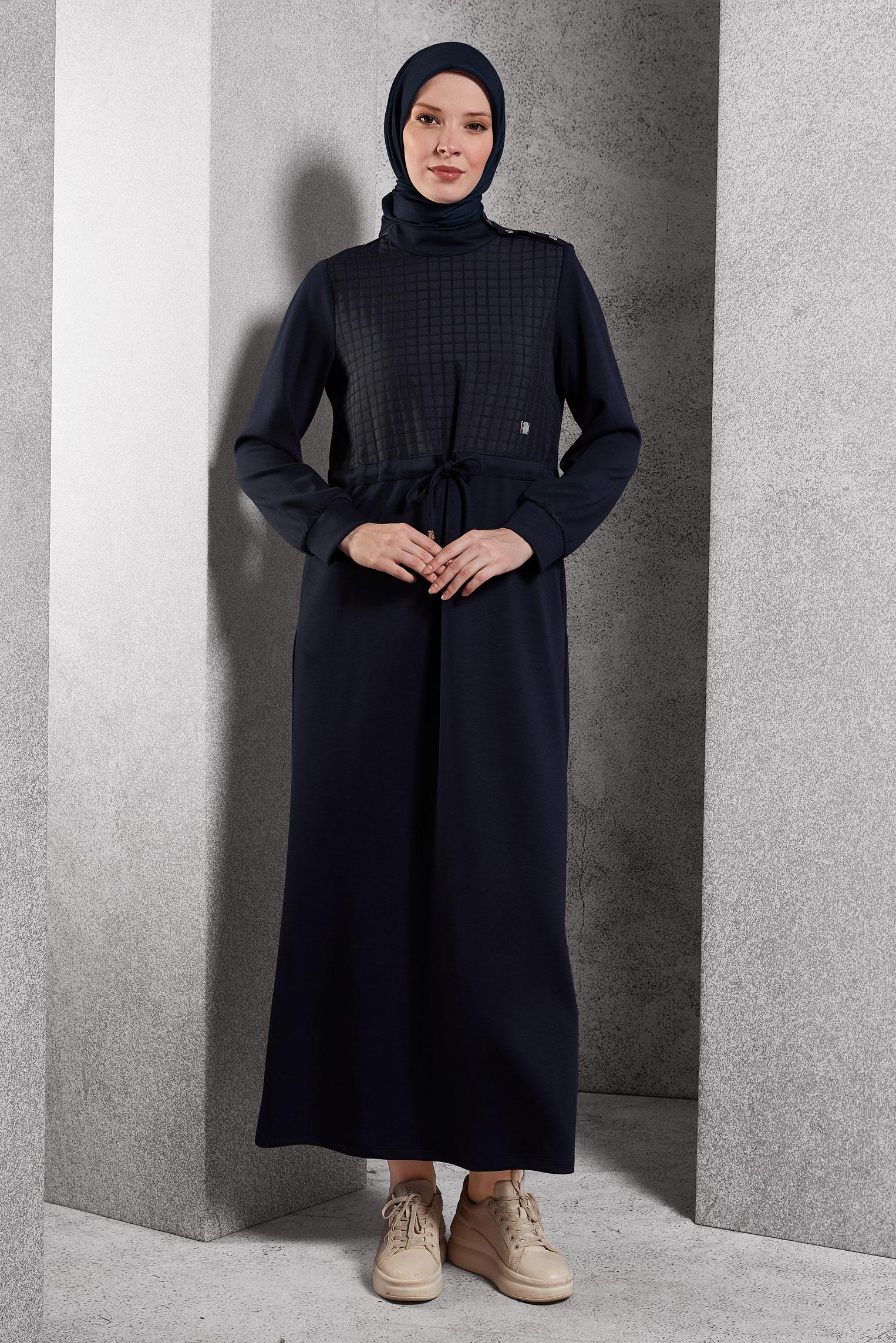 Tesettür giyim LACİVERT BELİ BAĞCIKLI ELBİSE 45164