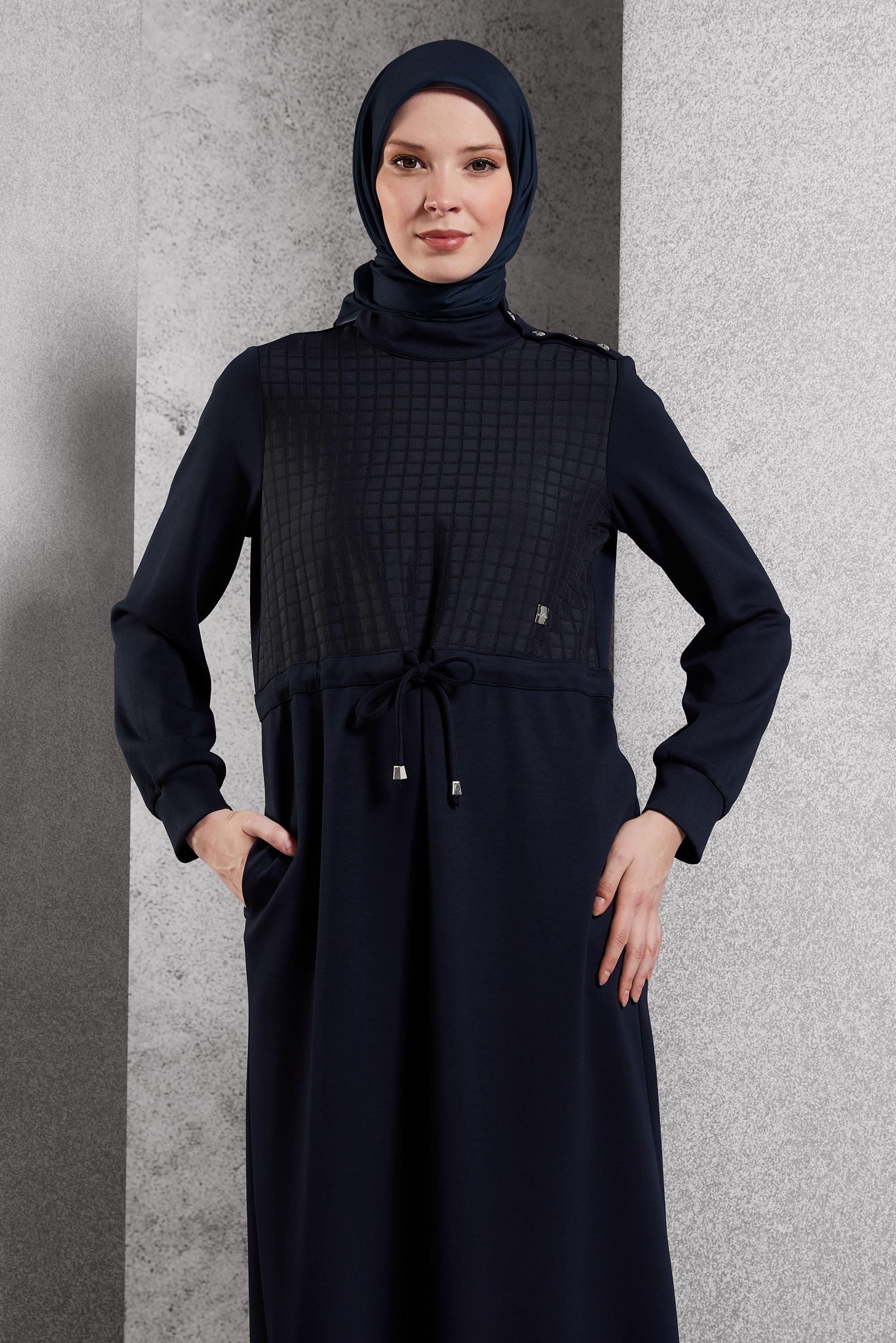 Tesettür giyim LACİVERT BELİ BAĞCIKLI ELBİSE 45164