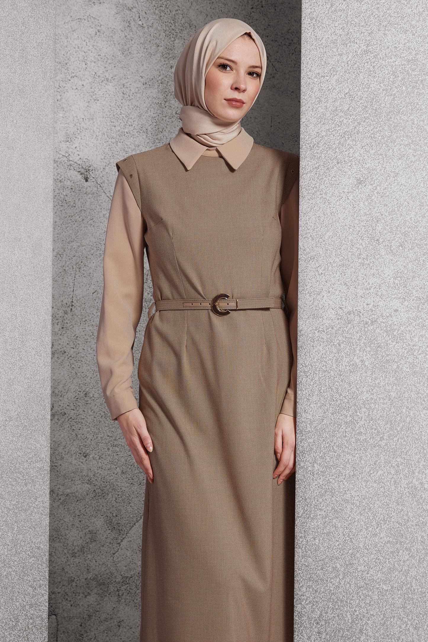 Tesettür giyim KAHVE GÖMLEK YAKA ELBİSE 45173