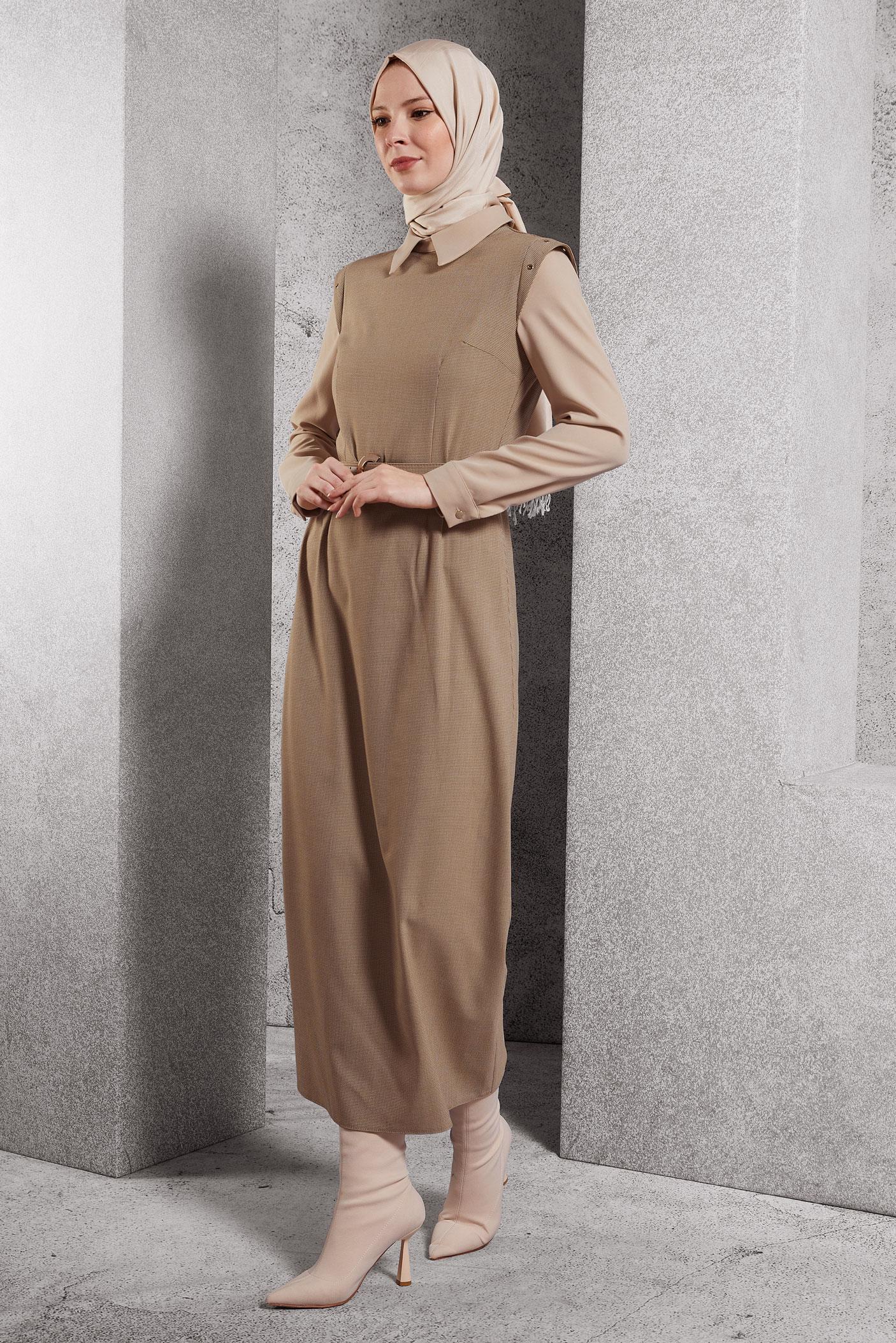 Tesettür giyim KAHVE GÖMLEK YAKA ELBİSE 45173