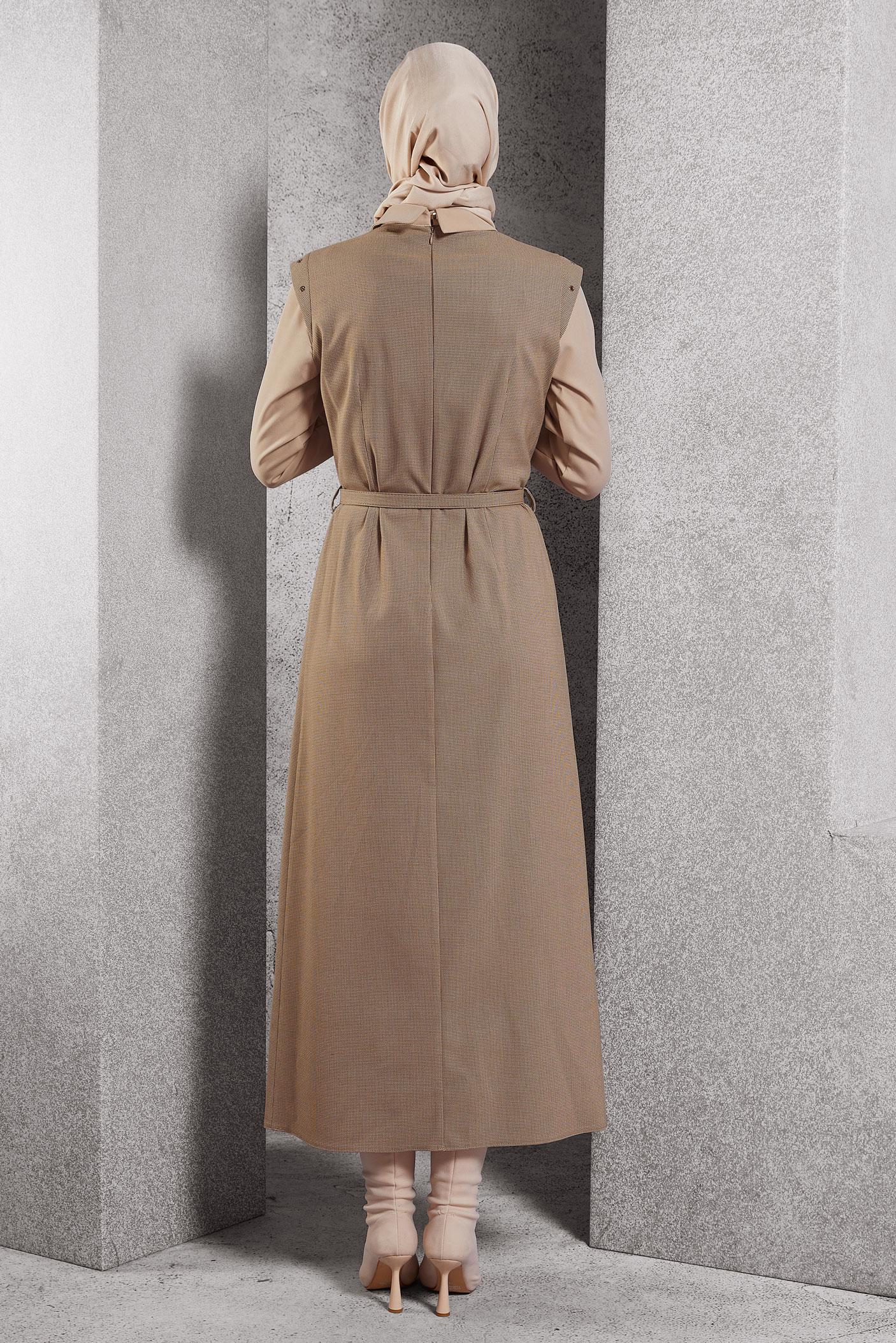 Tesettür giyim KAHVE GÖMLEK YAKA ELBİSE 45173