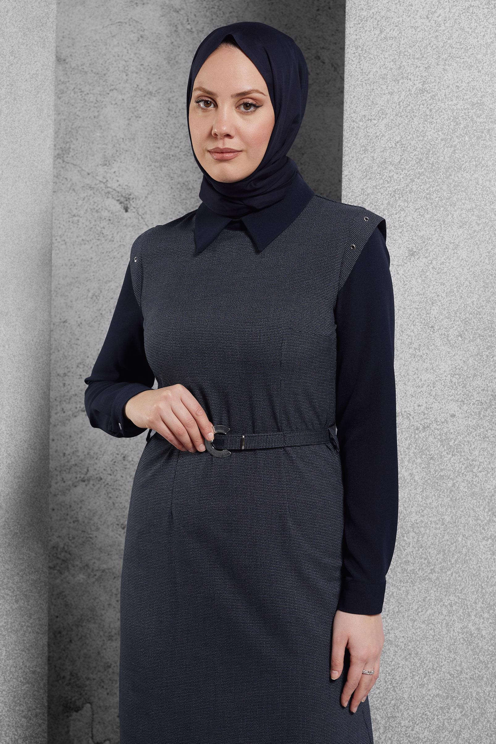 Vêtements hijab BLEU MARINE ROBE COL CHEMISE 45173