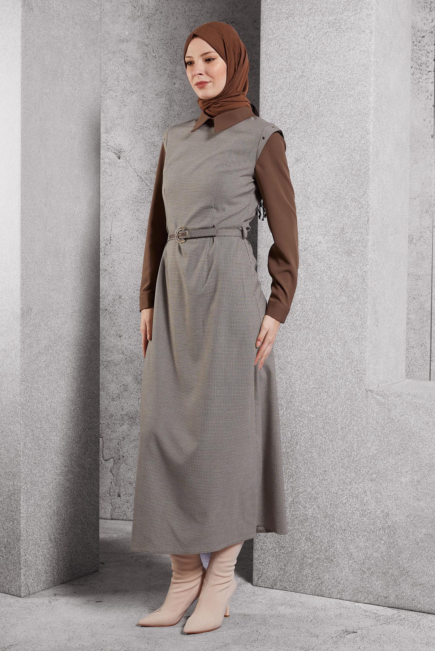 Tesettür giyim VİZON GÖMLEK YAKA ELBİSE 45173