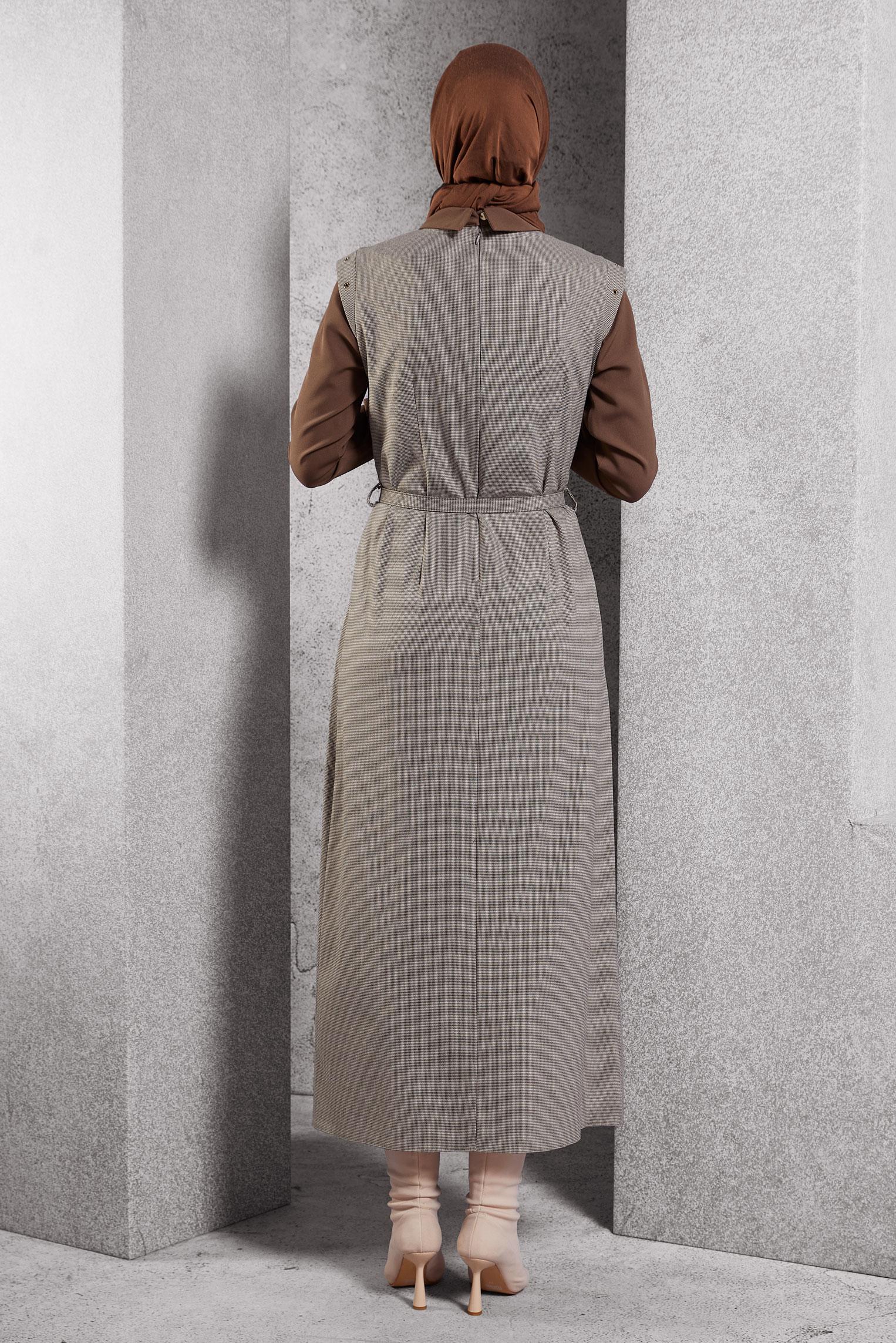 Tesettür giyim VİZON GÖMLEK YAKA ELBİSE 45173