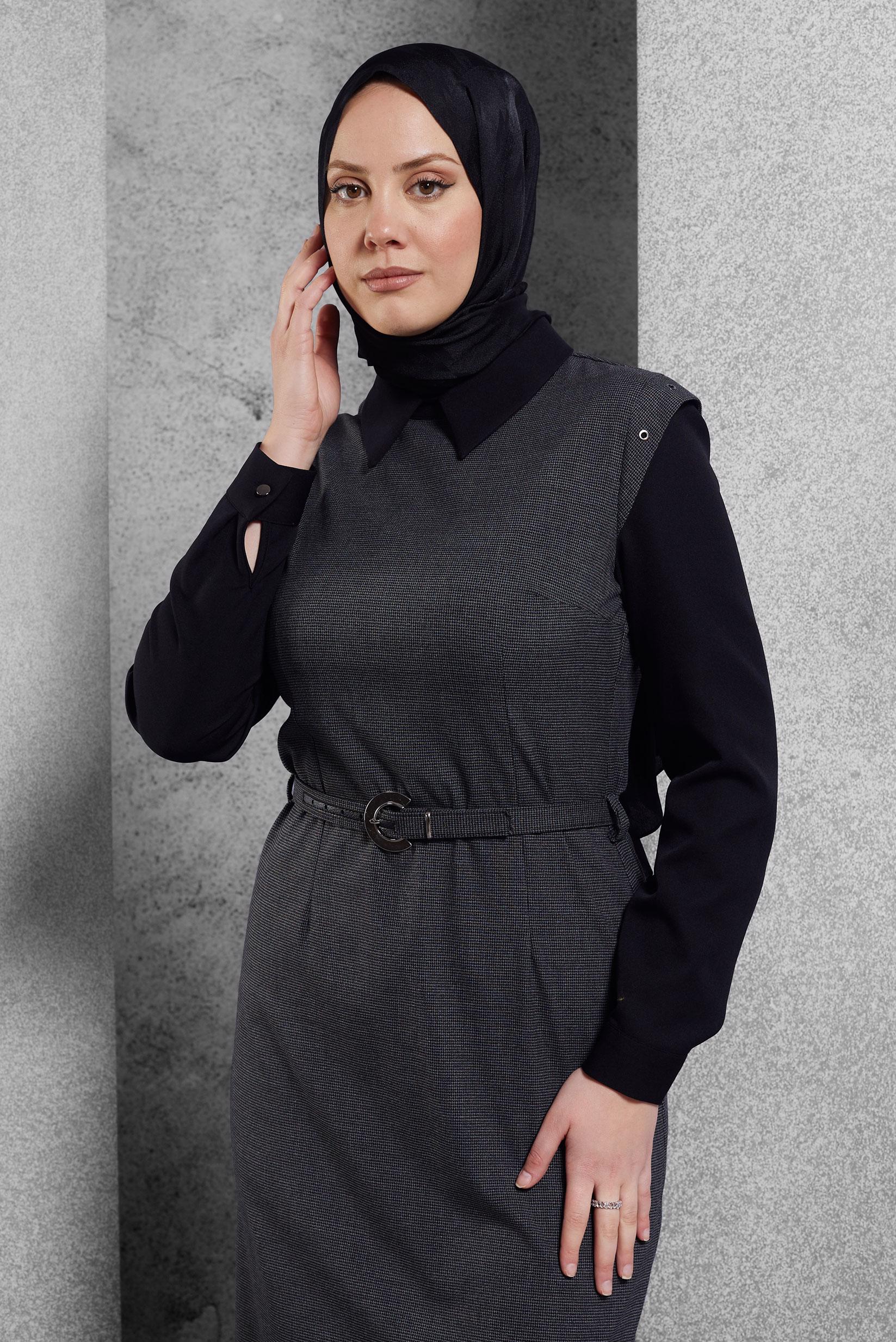 Tesettür giyim GRİ GÖMLEK YAKA ELBİSE 45173