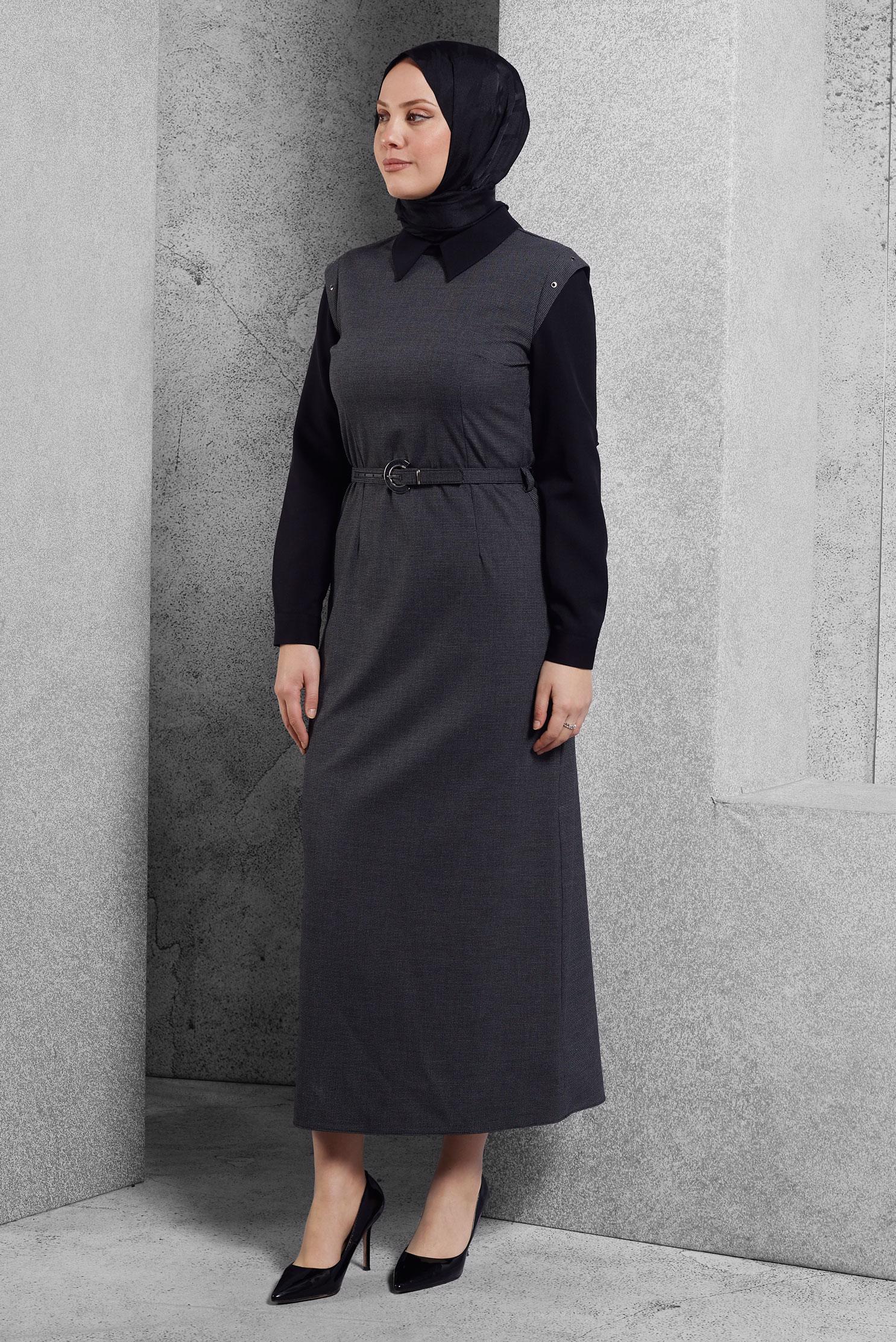 Tesettür giyim GRİ GÖMLEK YAKA ELBİSE 45173