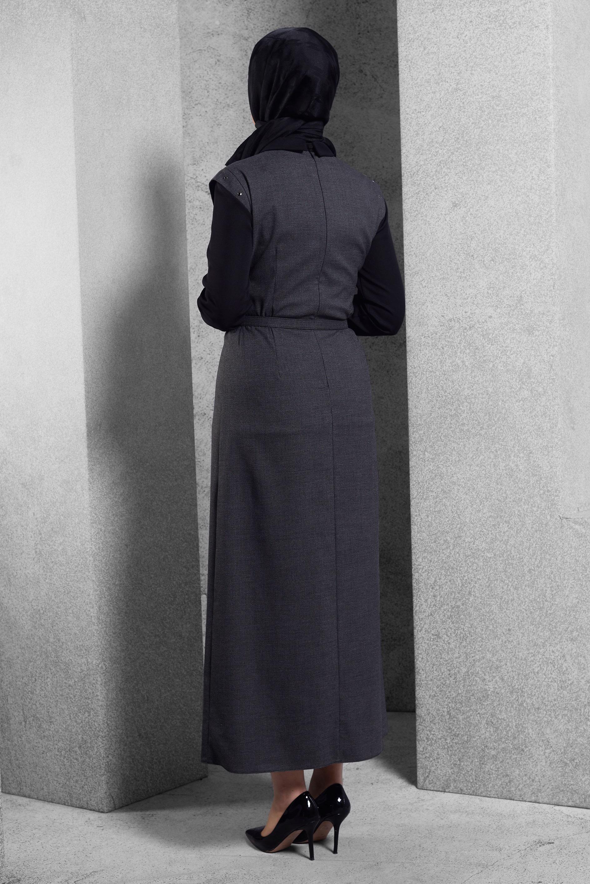 Tesettür giyim GRİ GÖMLEK YAKA ELBİSE 45173