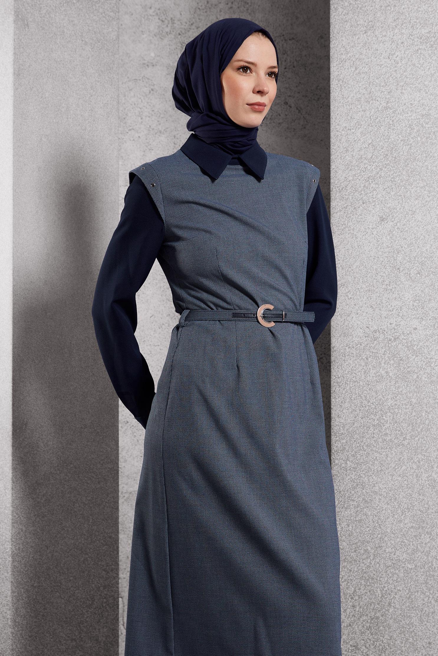Tesettür giyim LACİVERT GÖMLEK YAKA ELBİSE 45173
