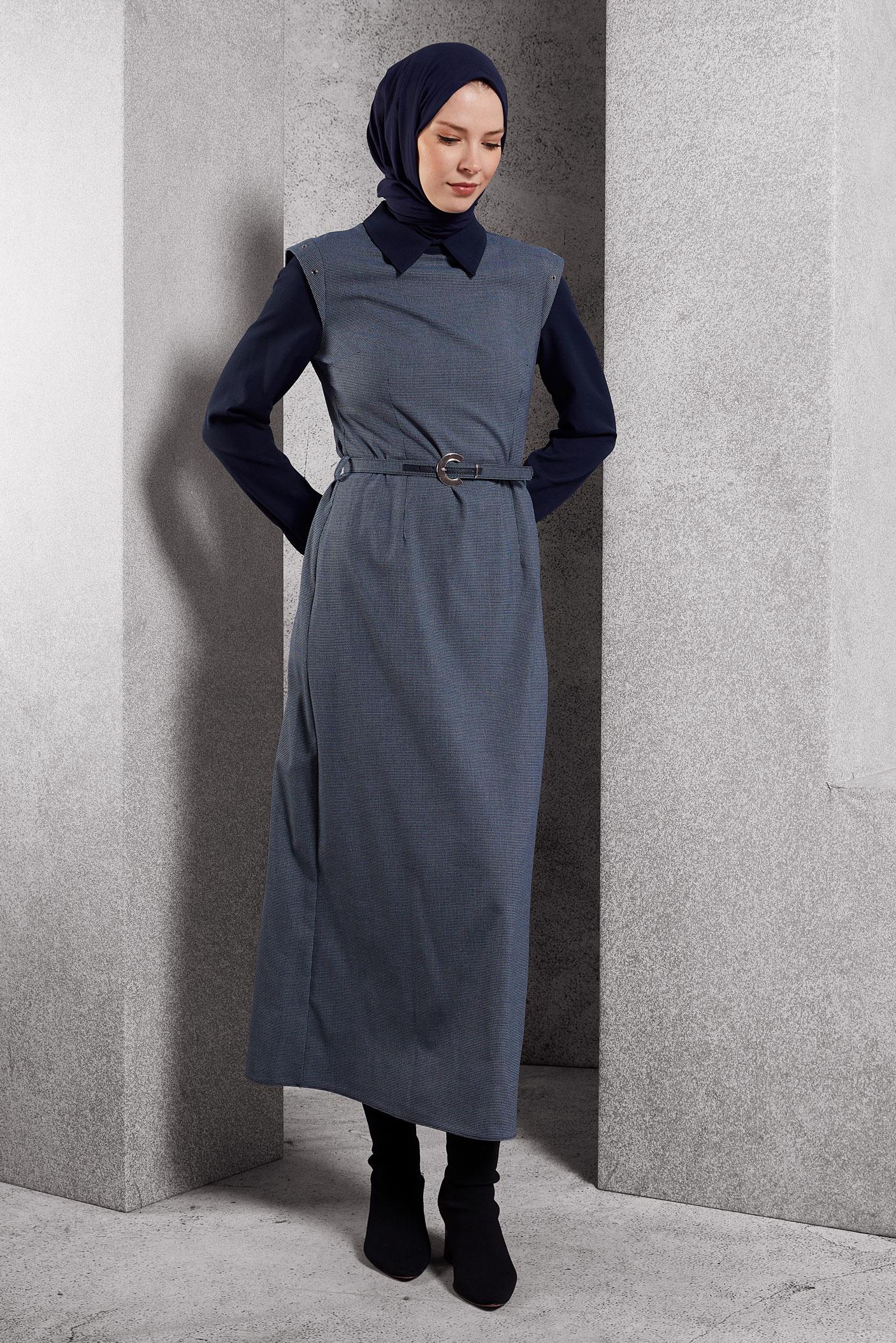 Tesettür giyim LACİVERT GÖMLEK YAKA ELBİSE 45173