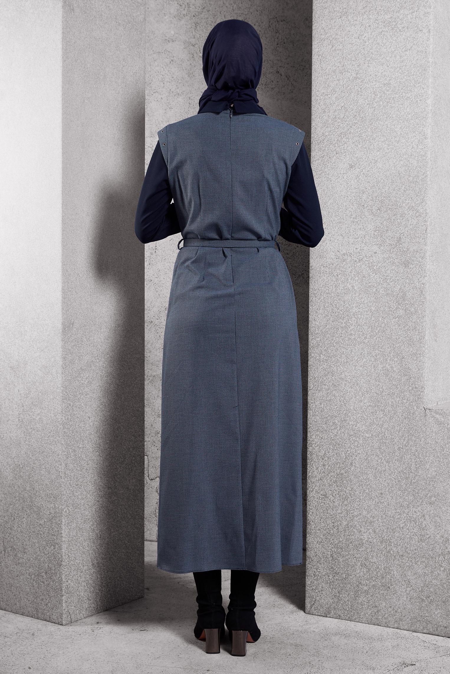 Tesettür giyim LACİVERT GÖMLEK YAKA ELBİSE 45173