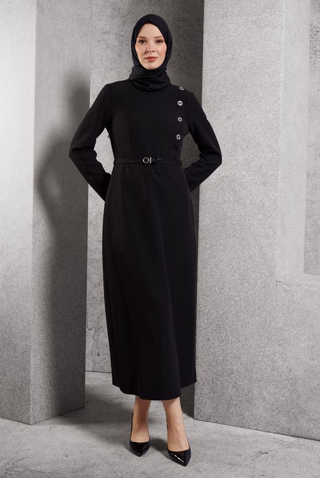 Vêtements hijab NOIR ROBE CEINTURE 45189 - ALVİNA