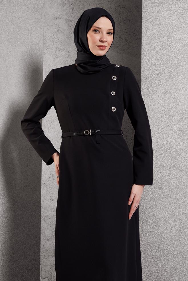 Vêtements hijab NOIR ROBE CEINTURE 45189 - ALVİNA