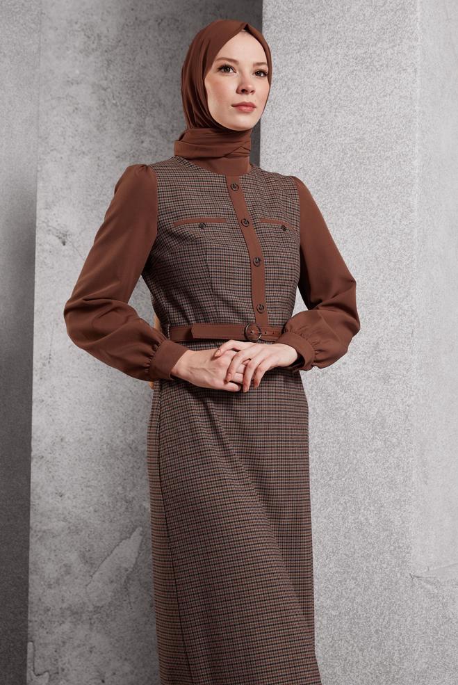 Tesettür giyim TABA KEMERLİ ELBİSE 45190 - ALVİNA